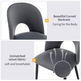 Set of 2 gray velvet dining chairs with diamond pattern backrest, adjustable metal feet and padded seat