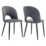 Set of 2 gray velvet dining chairs with diamond pattern backrest, adjustable metal feet and padded seat