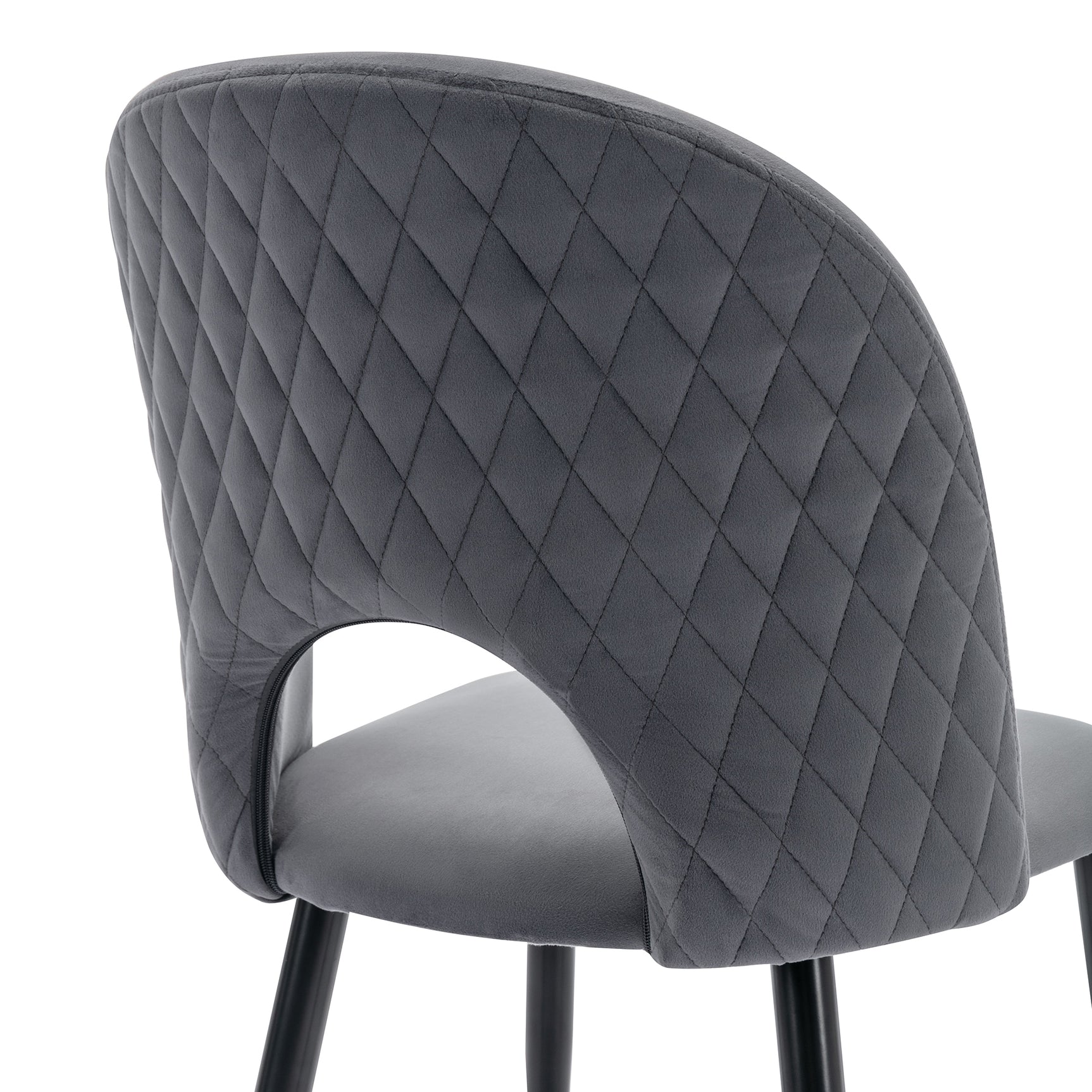 Set of 2 gray velvet dining chairs with diamond pattern backrest, adjustable metal feet and padded seat