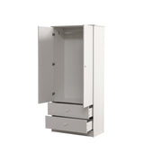 Armoire penderie blanche en panneaux de particules avec 2 portes, 2 tiroirs et tringle de rangement