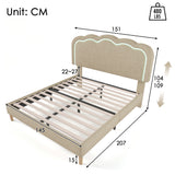 Lit double rembourré LED 140×200 cm en lin beige avec tête de lit réglable et sommier à lattes (sans matelas)