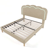Lit double rembourré LED 140×200 cm en lin beige avec tête de lit réglable et sommier à lattes (sans matelas)