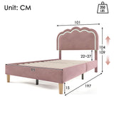 Lit enfant rembourré 90×190 cm avec LED, en velours rose avec tête de lit réglable et sommier à lattes (sans matelas)
