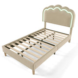 Packaged children's bed 90 × 190 cm with LED, in beige linen with adjustable headboard and slatted base (without mattresses)