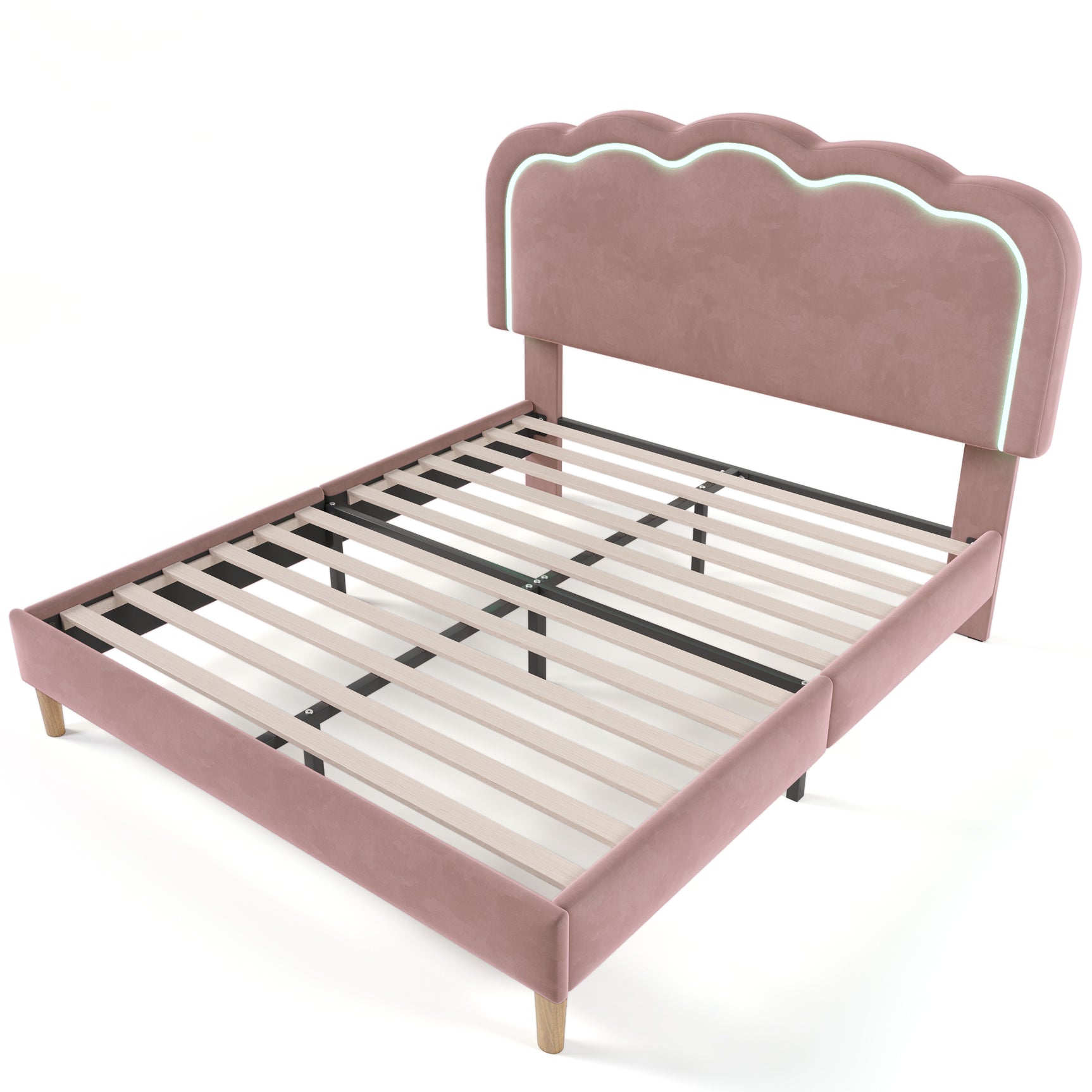 Lit double rembourré LED 140×200 cm en velours rose avec tête de lit réglable et sommier à lattes (sans matelas)