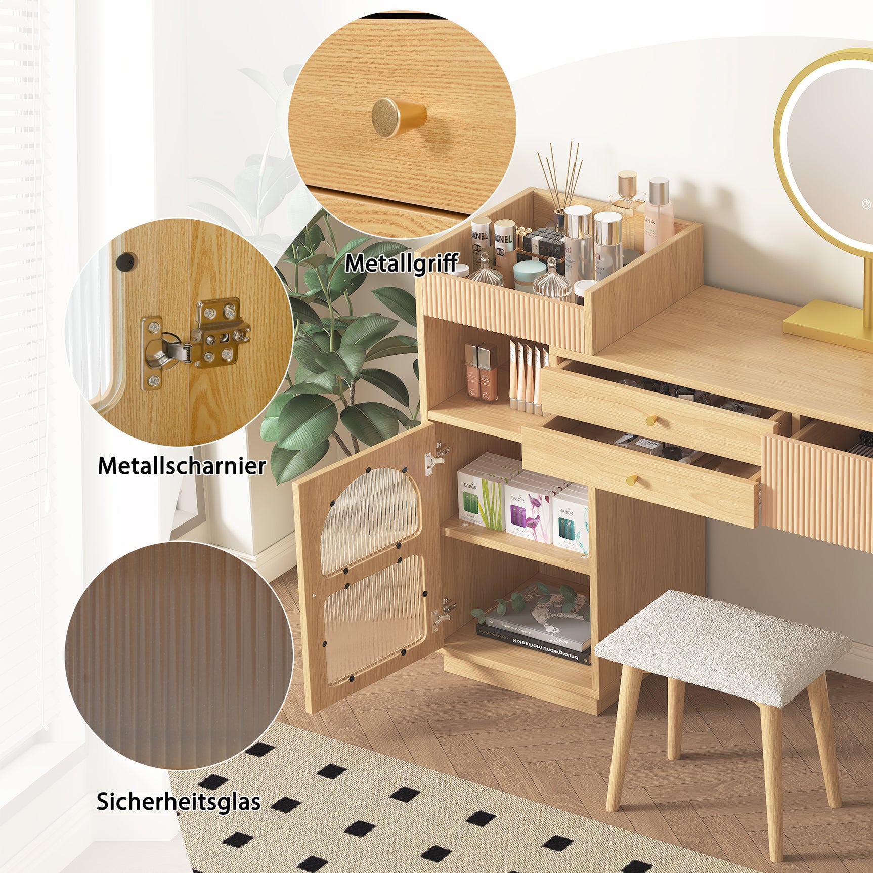 Coiffeuse moderne avec miroir LED à 3 lumières, grand espace de rangement et armoire latérale en verre, 120x40x90 cm