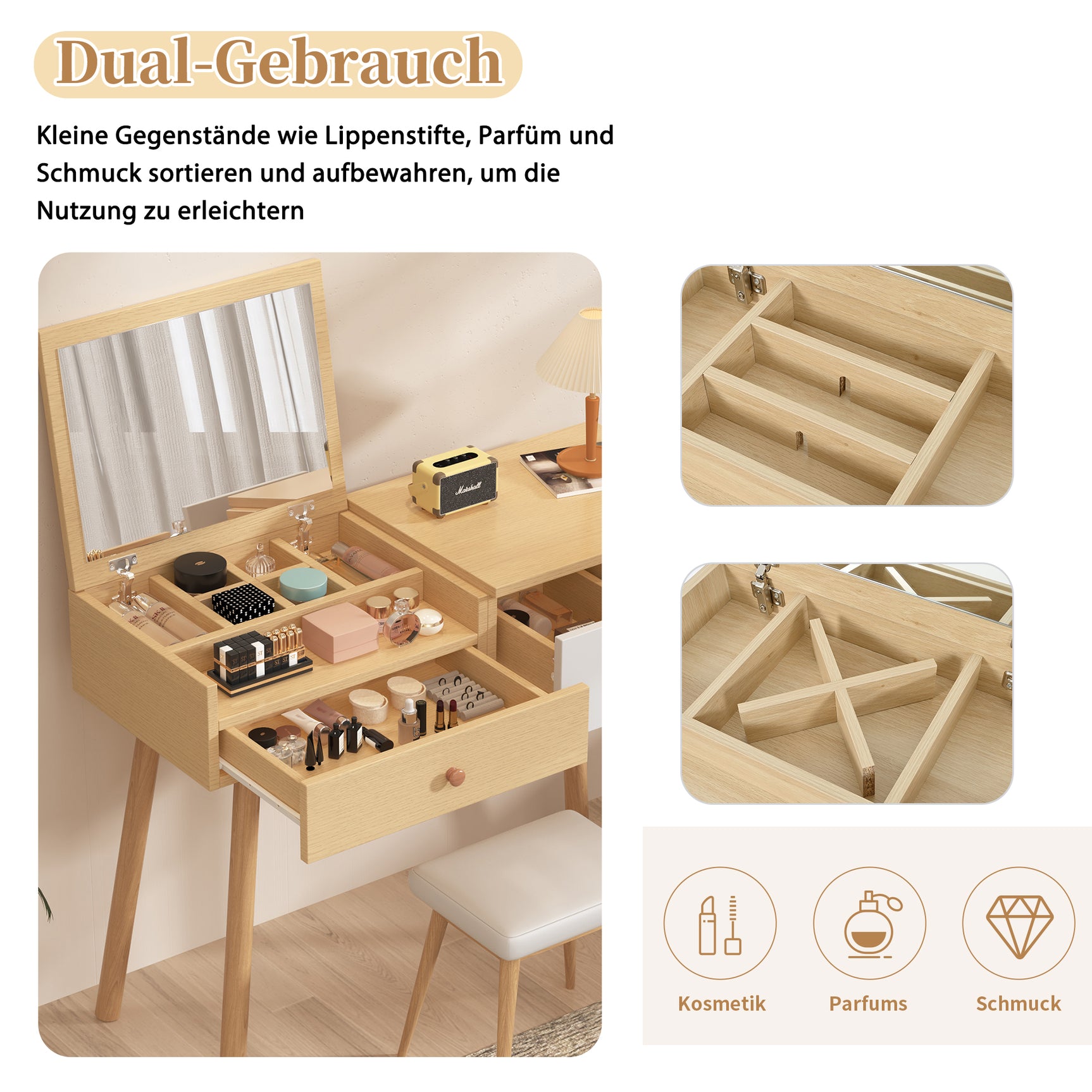 Coiffeuse en bois avec miroir rabattable, 3 tiroirs de rangement et design naturel blanc â€?100x40x78 cm