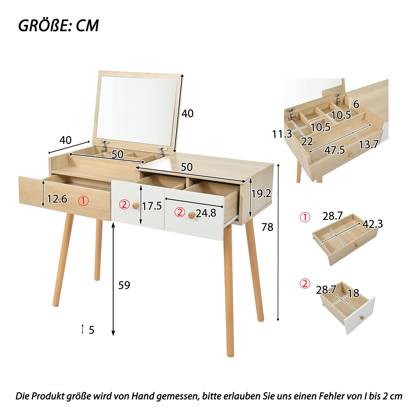 Coiffeuse en bois avec miroir rabattable, 3 tiroirs de rangement et design naturel blanc â€?100x40x78 cm