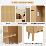 Meuble à chaussures en bois et rotin naturel 90x17x125 cm avec 3 portes basculantes, 1 tiroir et pieds en bois massif, idéal pour entrée étroite et petits espaces