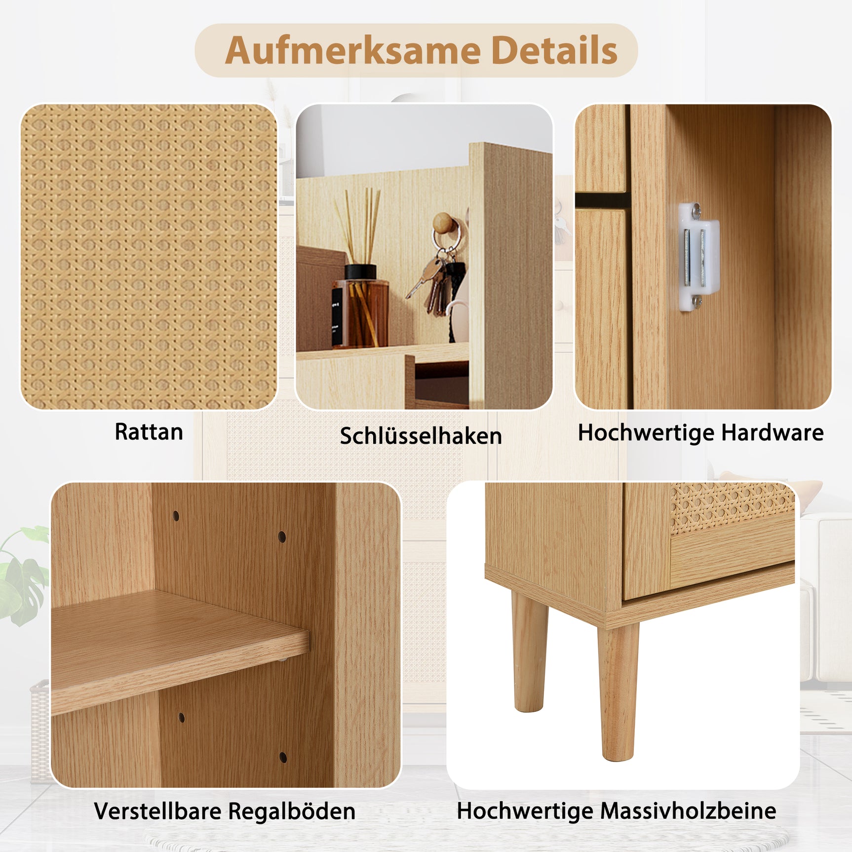 Meuble à chaussures en bois et rotin naturel 90x17x125 cm avec 3 portes basculantes, 1 tiroir et pieds en bois massif, idéal pour entrée étroite et petits espaces