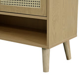 Meuble à chaussures en rotin naturel 80x35x105 cm avec 2 portes, 5 étagères fixes, poignées et pieds en bois massif, idéal pour entrée et couloir