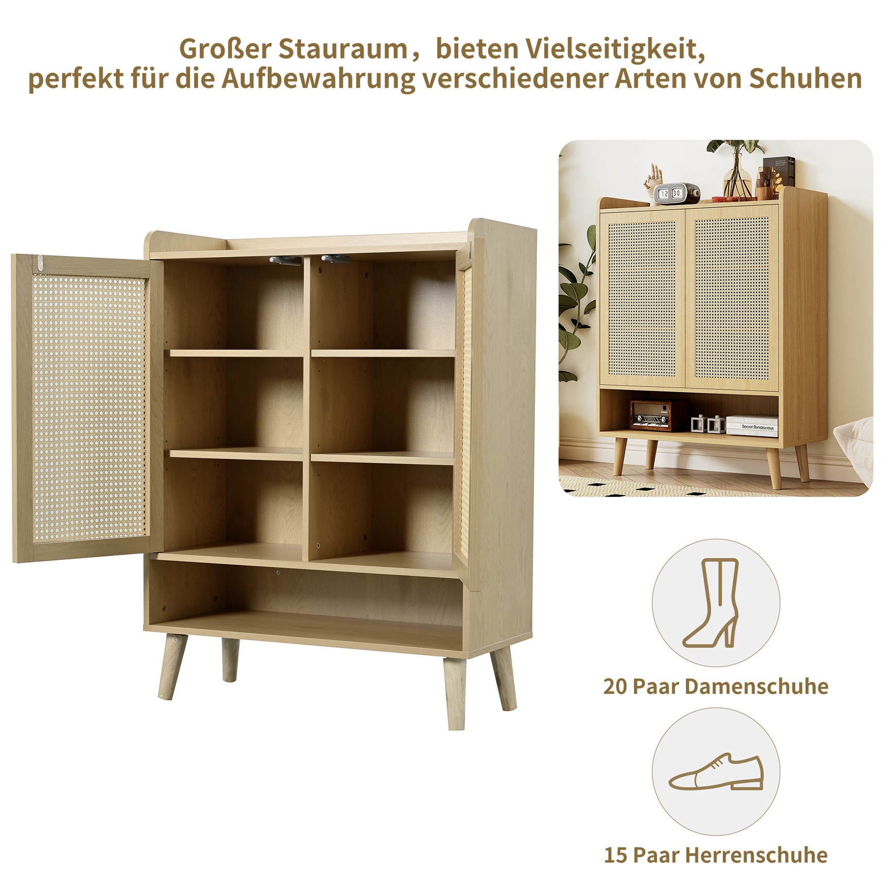 Meuble à chaussures en rotin naturel 80x35x105 cm avec 2 portes, 5 étagères fixes, poignées et pieds en bois massif, idéal pour entrée et couloir