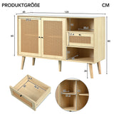 Buffet en bois finition chêne avec 1 tiroir et 2 portes magnétiques en rotin, étagères réglables et pieds en bois massif pour un rangement élégant et pratique. â€?120x40x80 cm