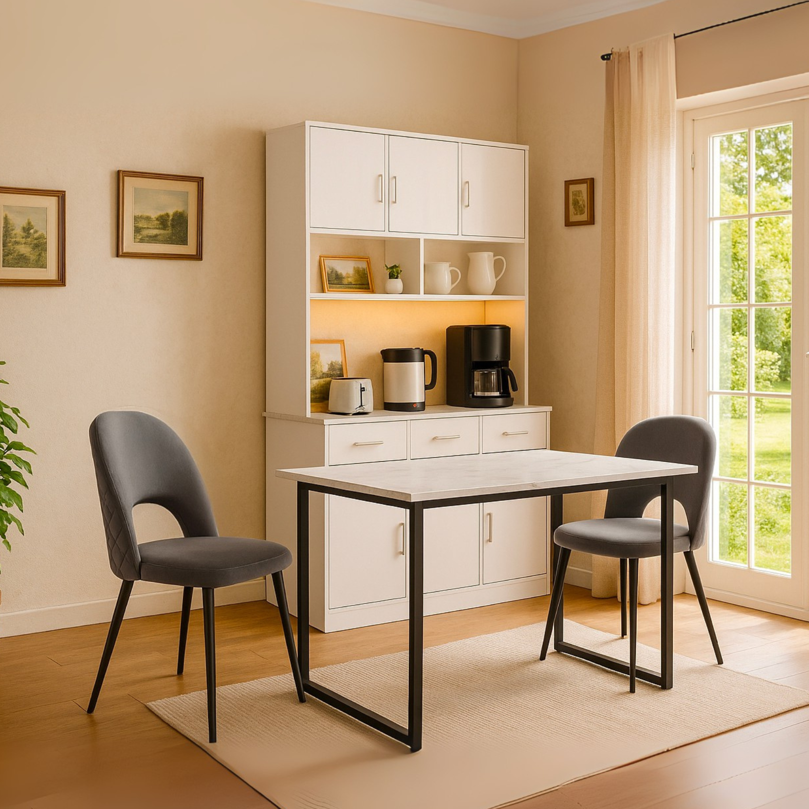 Set of 2 gray velvet dining chairs with diamond pattern backrest, adjustable metal feet and padded seat