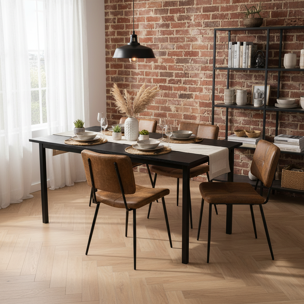 Ensemble table à manger extensible noire et 4 chaises en tissu suédine, style scandinave