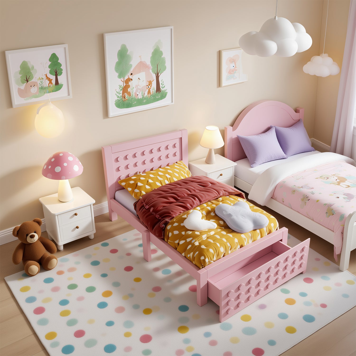 Pink child bed 90x200 cm with storage drawer and creative design in blocks, solid wood frame