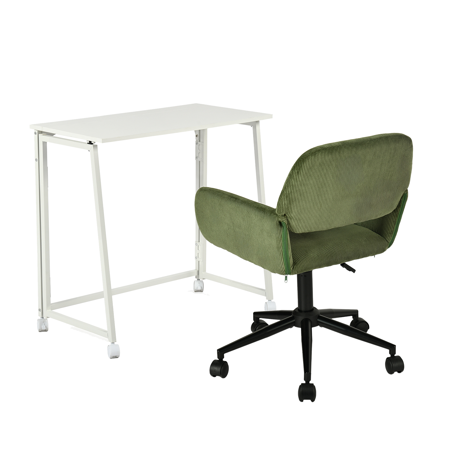 Ensemble avec bureau pliable blanc à roulettes et fauteuil en velours côtelé vert olive âââââââ€?ASCOLI & ROSS