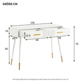 Coiffeuse ou bureau blanc au design moderne avec 2 tiroirs spacieux et pieds en métal doré, 100x40x76 cm.