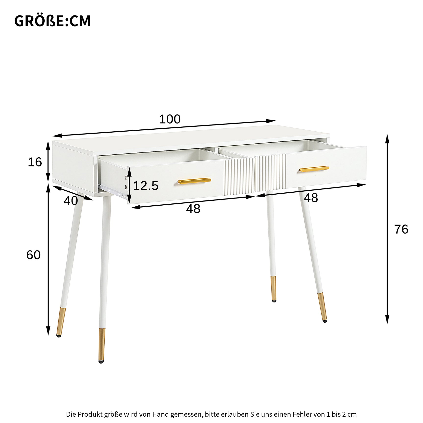 Coiffeuse ou bureau blanc au design moderne avec 2 tiroirs spacieux et pieds en métal doré, 100x40x76 cm.