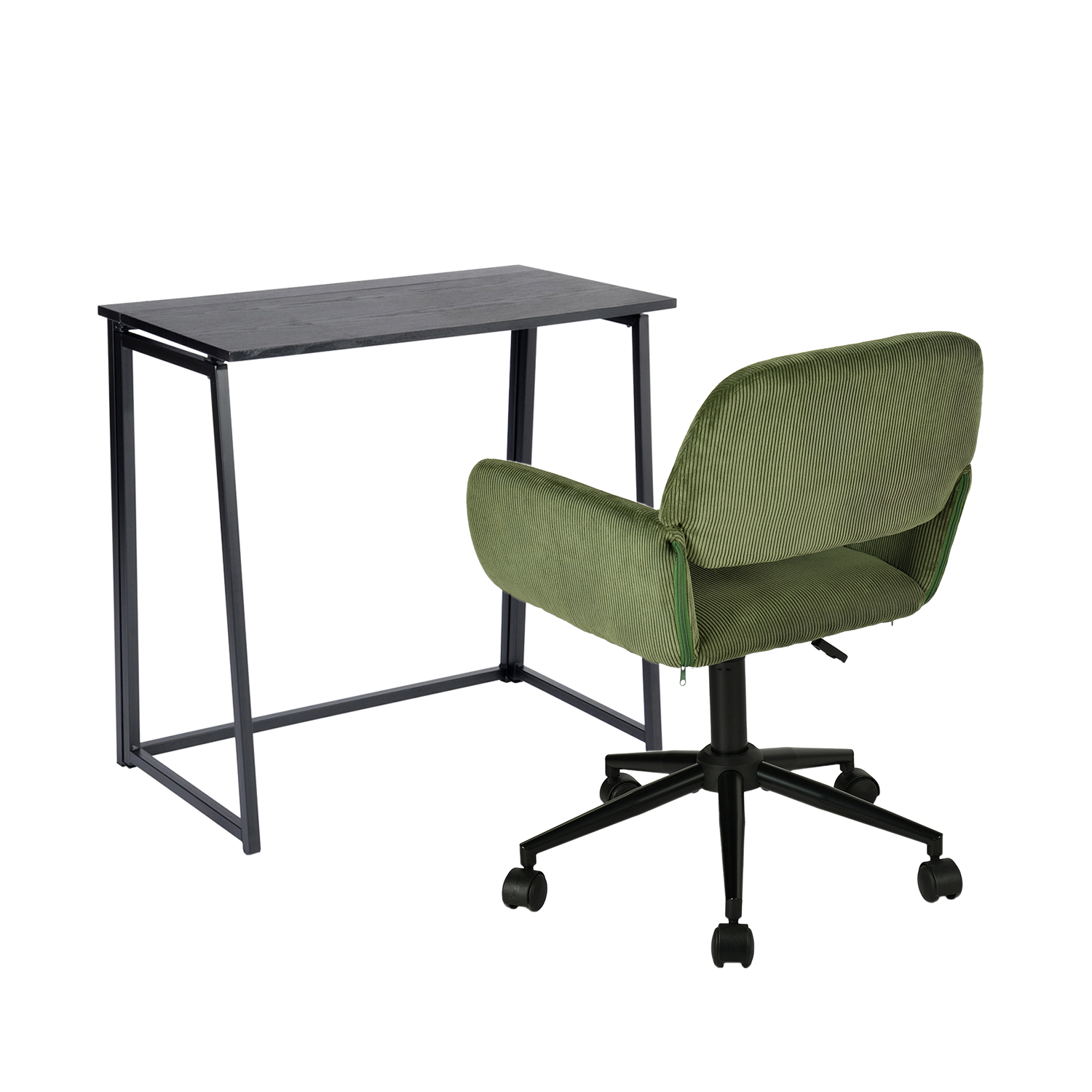 Ensemble bureau pliable en métal noir et fauteuil de bureau en velours côtelé vert olive âââââââ€?ASCOLI & ROSS