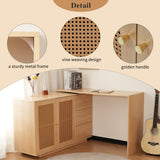 Bureau d'angle en L avec portes en cannage, table pivotante et espace de rangement
