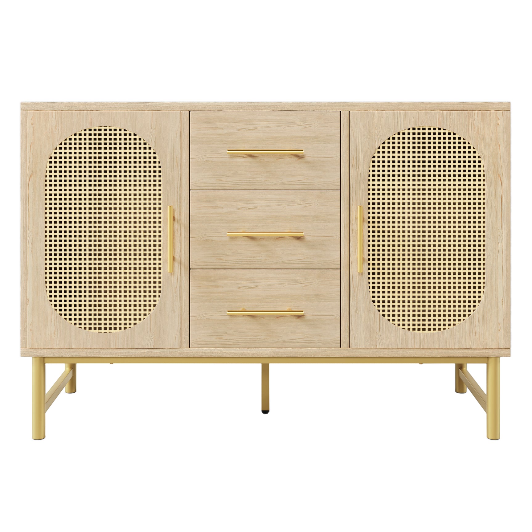 Oak caning buffet with 3 drawers, 2 doors, adjustable shelves and anti-breeching device-120 × 40 × 74 cm