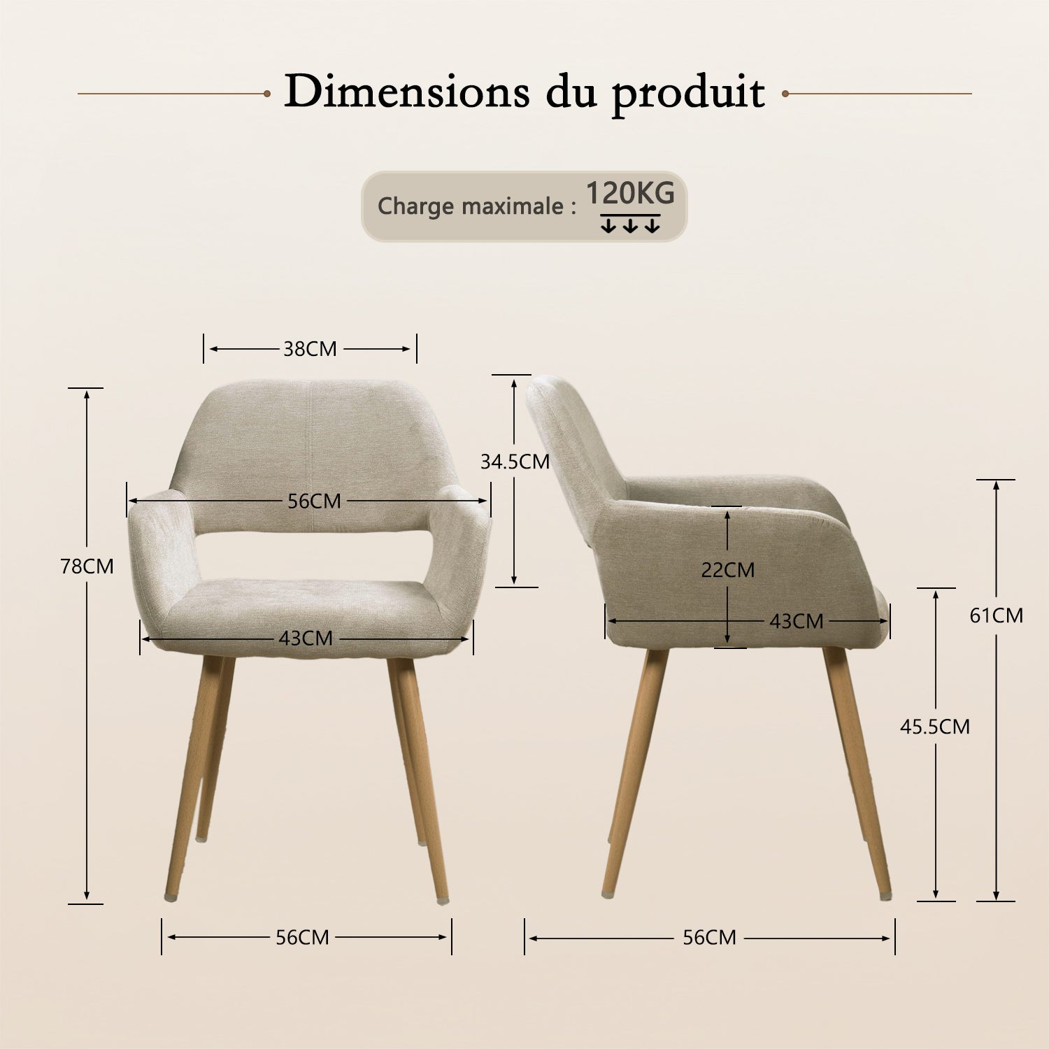 Lot de 4 fauteuils de salle à manger scandinaves avec accoudoirs en tissu beige - CROMWELL