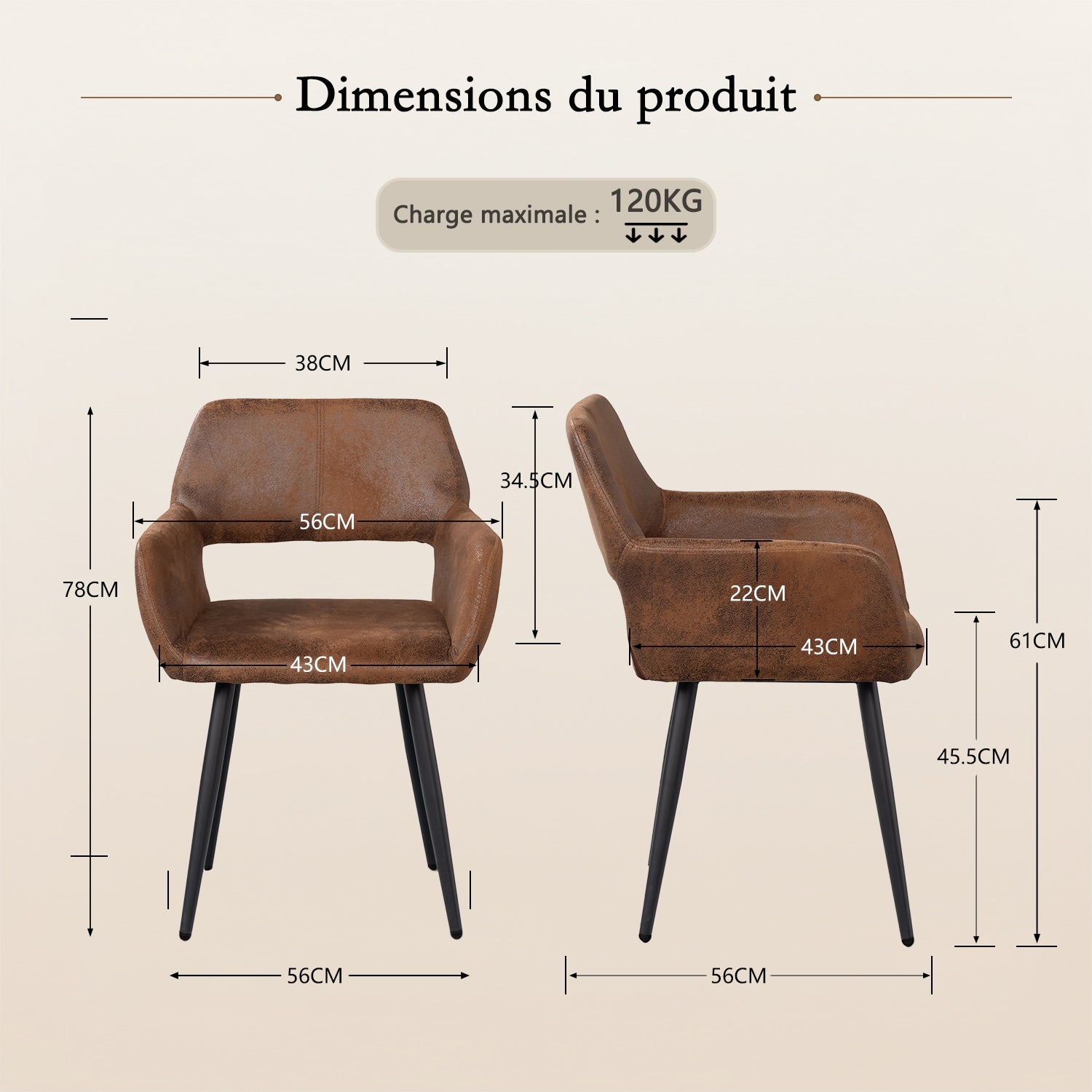 Ensemble de salle à manger de style scandinave composé d'une table ronde en chêne et de 2 fauteuils en suédine marron