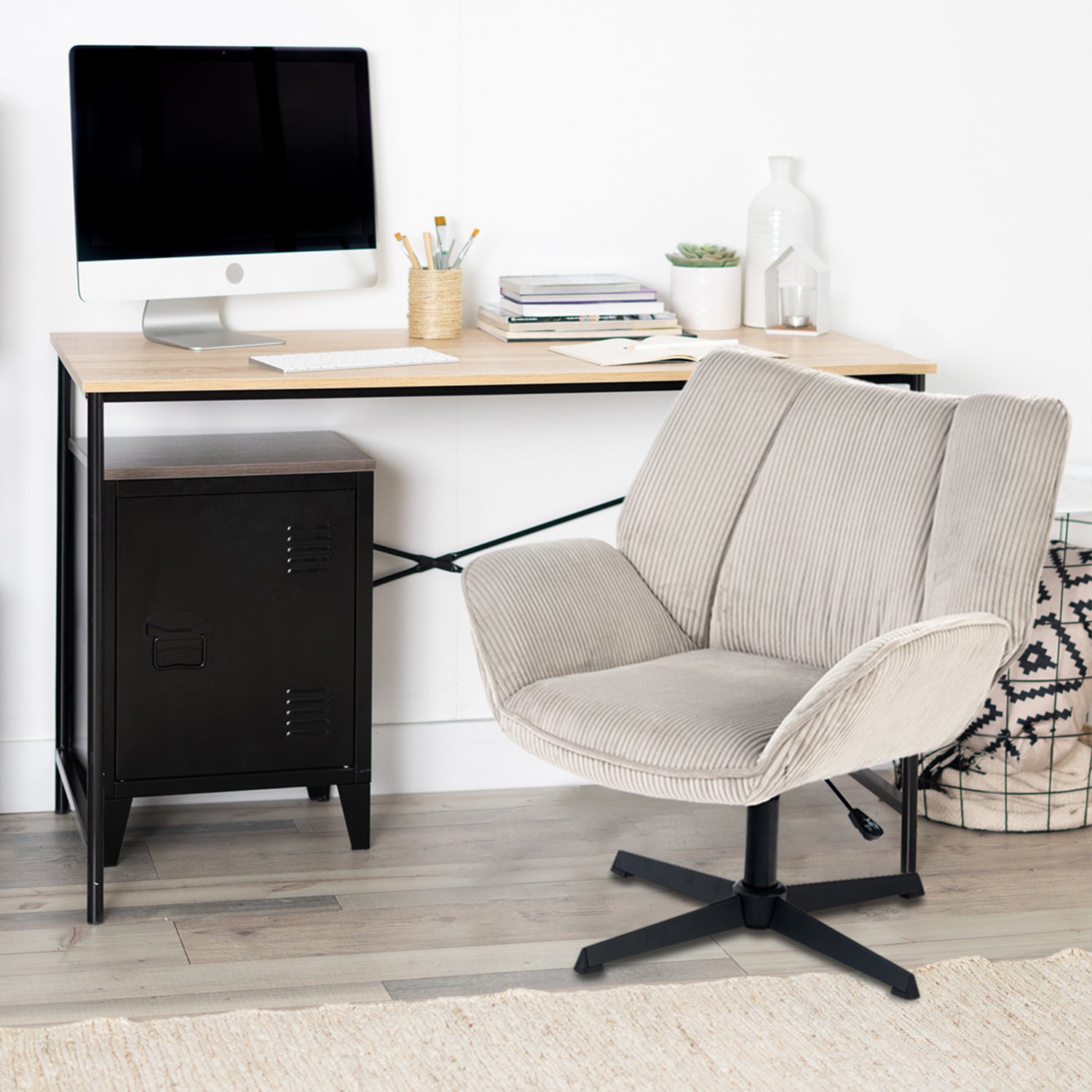 Swivel adjustable leisure chair with gray velvet armrests - Durothil