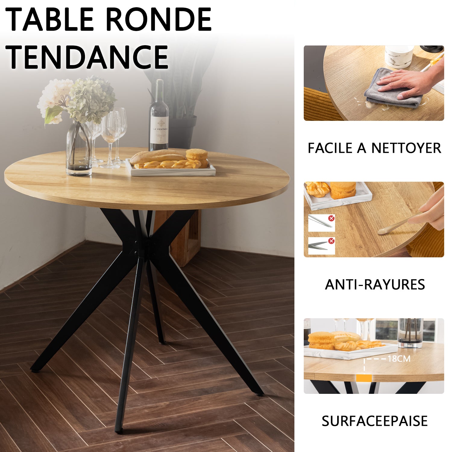 Table salle à manger ronde vintage 4 personnes en chêne et métal noir - CLIFT