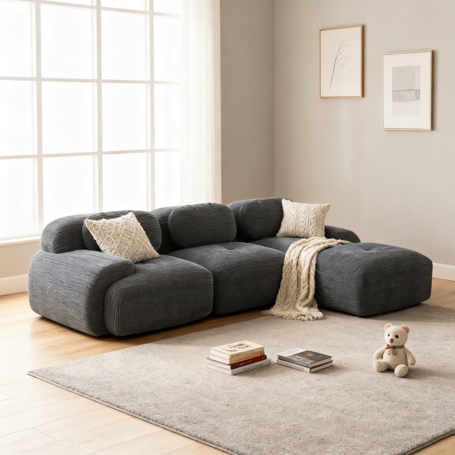 2-seater sofa bed in dark gray fabric with side pockets, modern convertible sofa