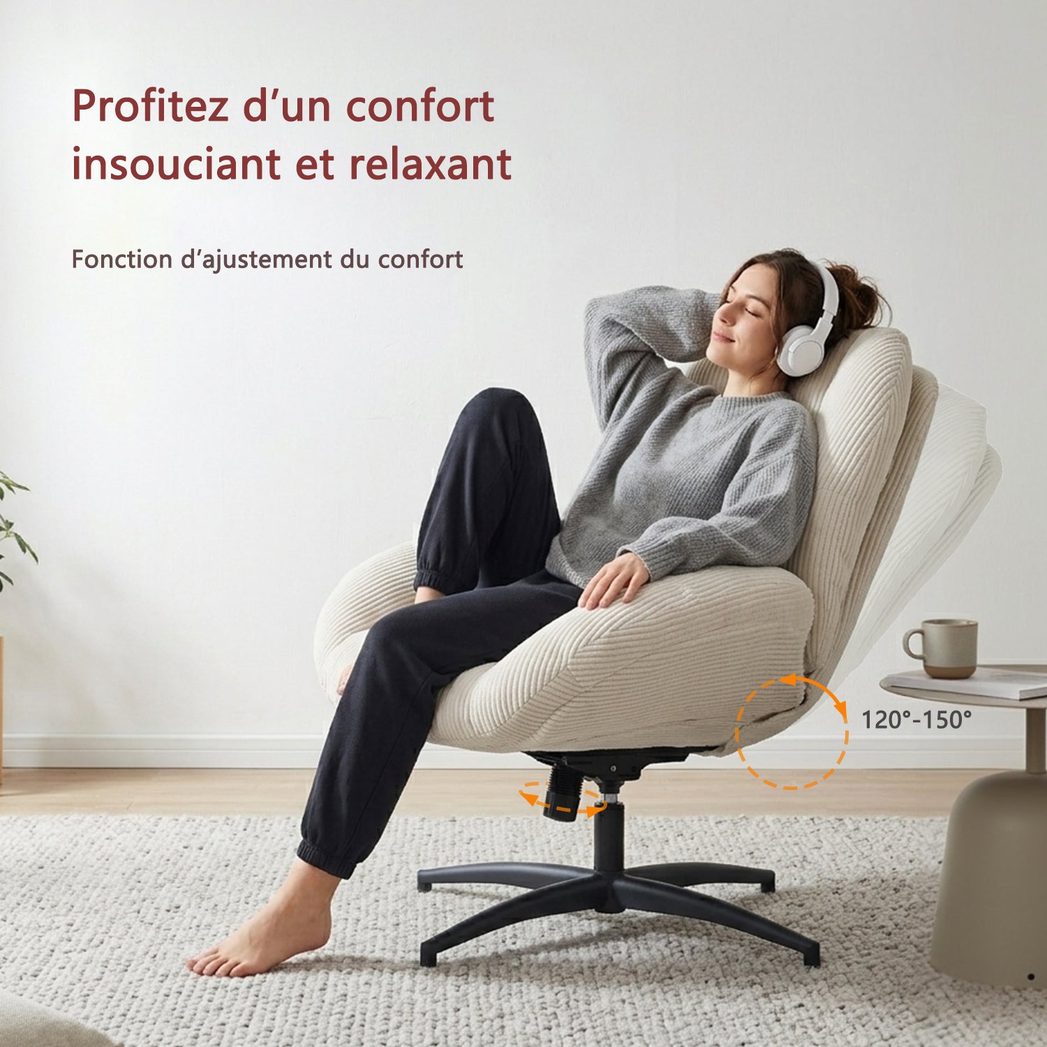 Fauteuil de bureau pivotant scandinave avec accoudoirs en velours côtelé, réglable, beige - LITHOPS FIX