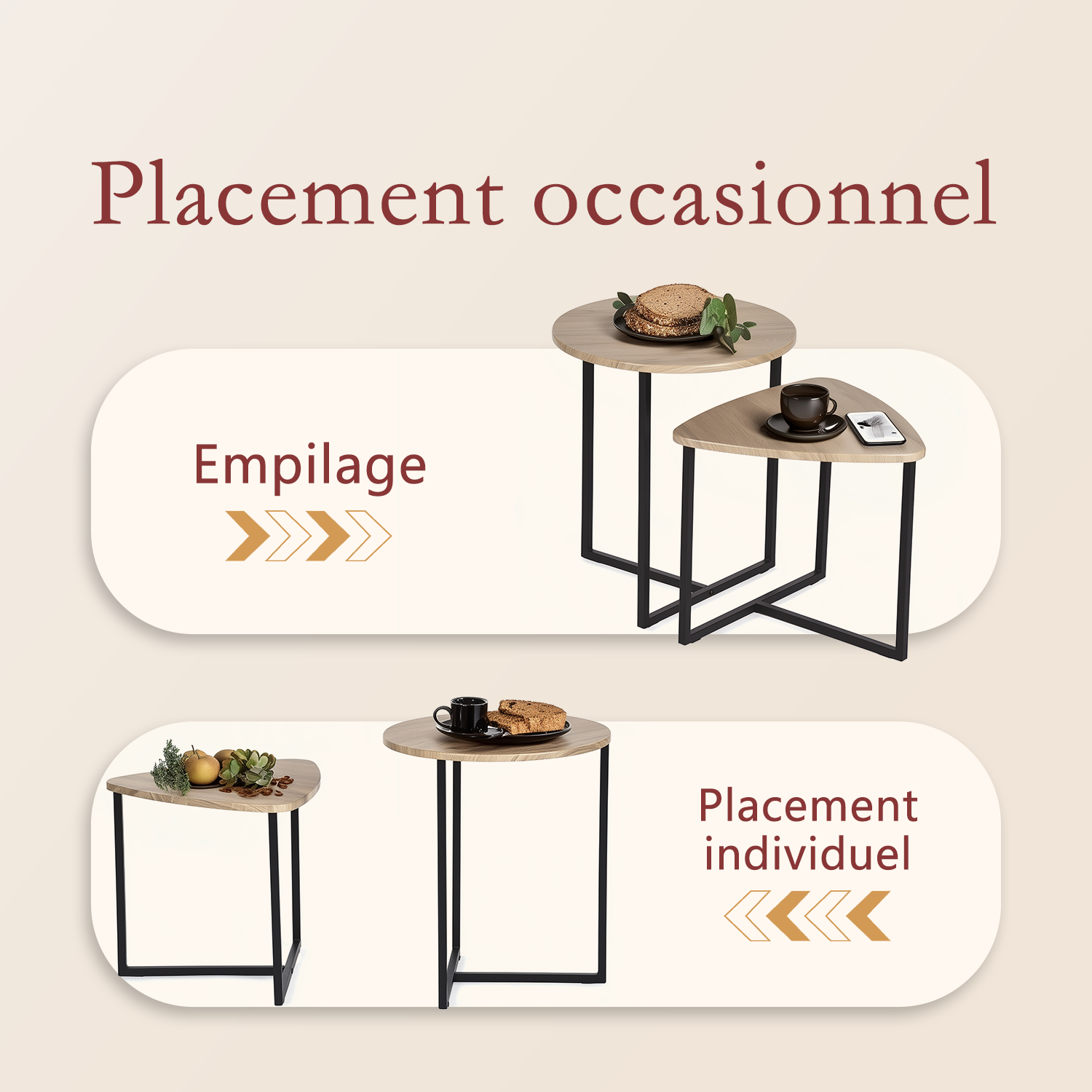 Lot de 2 tables basses gigognes style industriel en métal noir et bois imitation chêne - LAYA