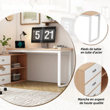Bureau simple en bois naturel avec 3 tiroirs et 2 niches ouvertes, 147×100×75,3 cm