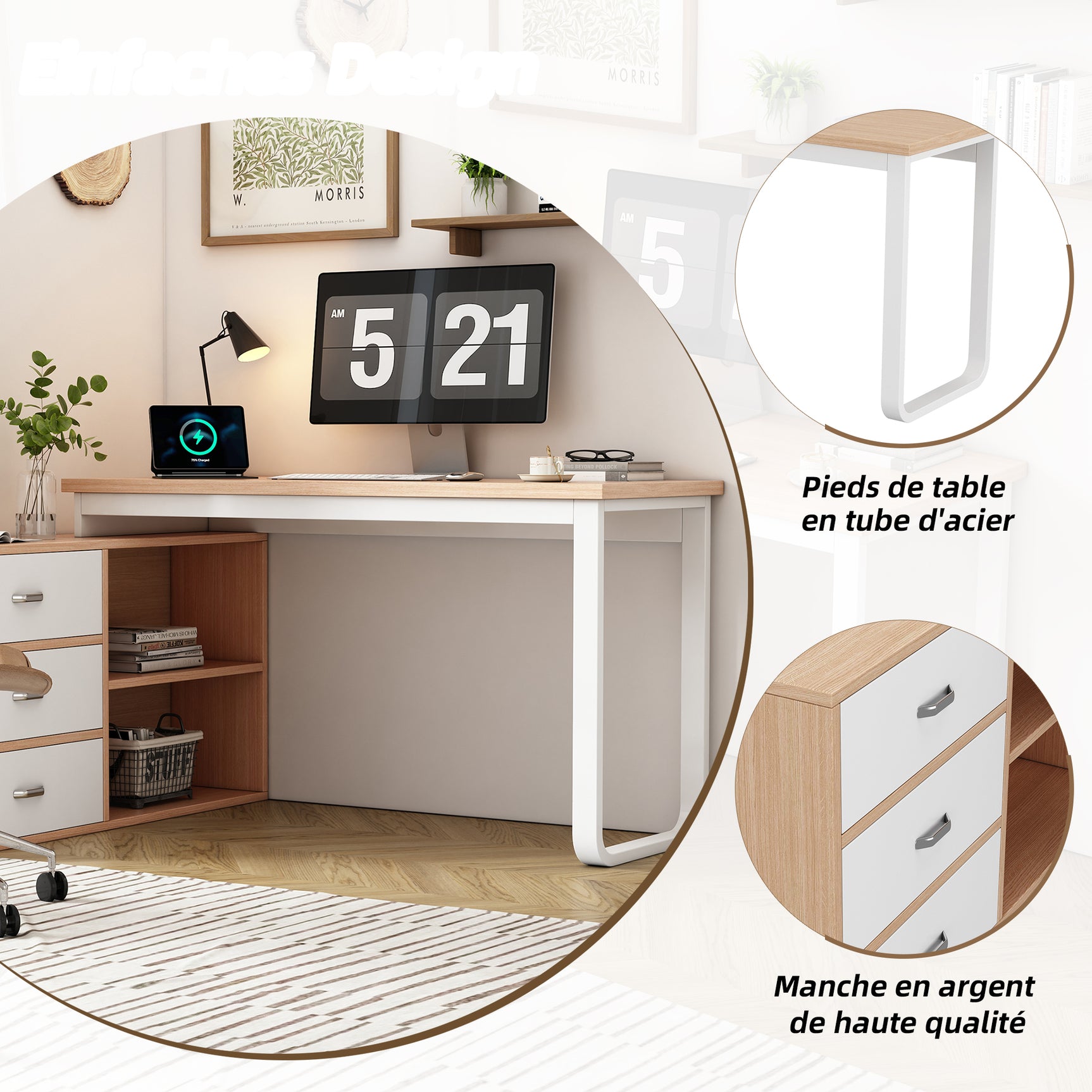 Bureau simple en bois naturel avec 3 tiroirs et 2 niches ouvertes, 147×100×75,3 cm