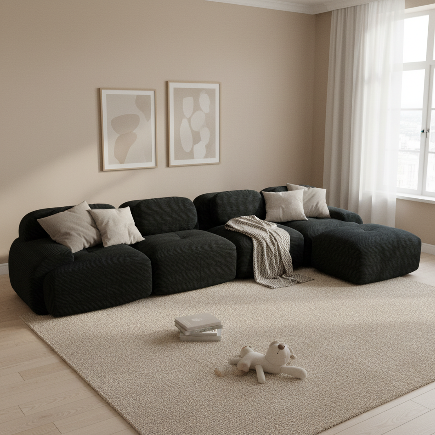 2-Sitzer-Schlafsofa aus dunkelgrauem Stoff mit Seitentaschen, modernes Schlafsofa