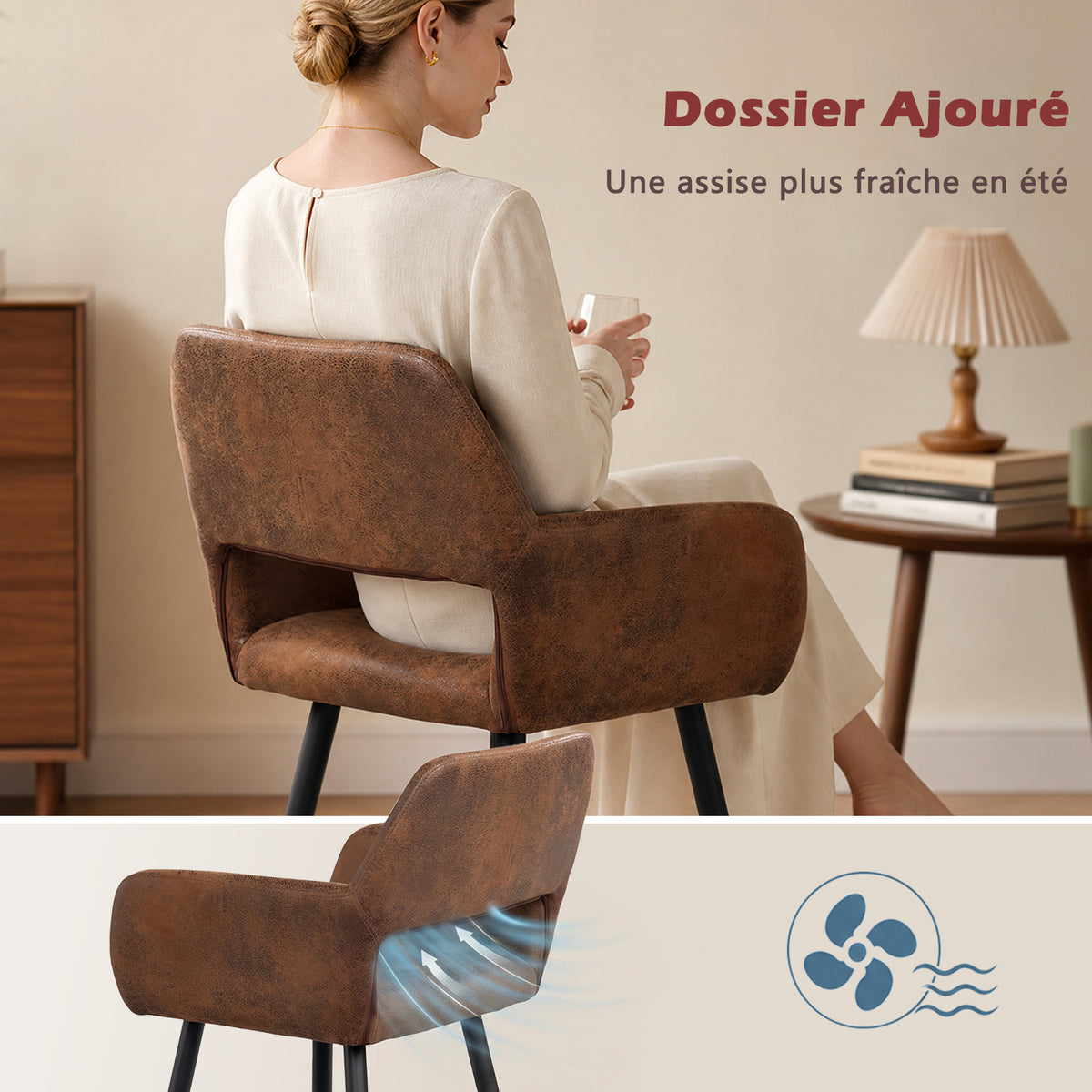 Ensemble de salle à manger comprenant une table extensible et 6 chaises avec accoudoirs en suédine marron