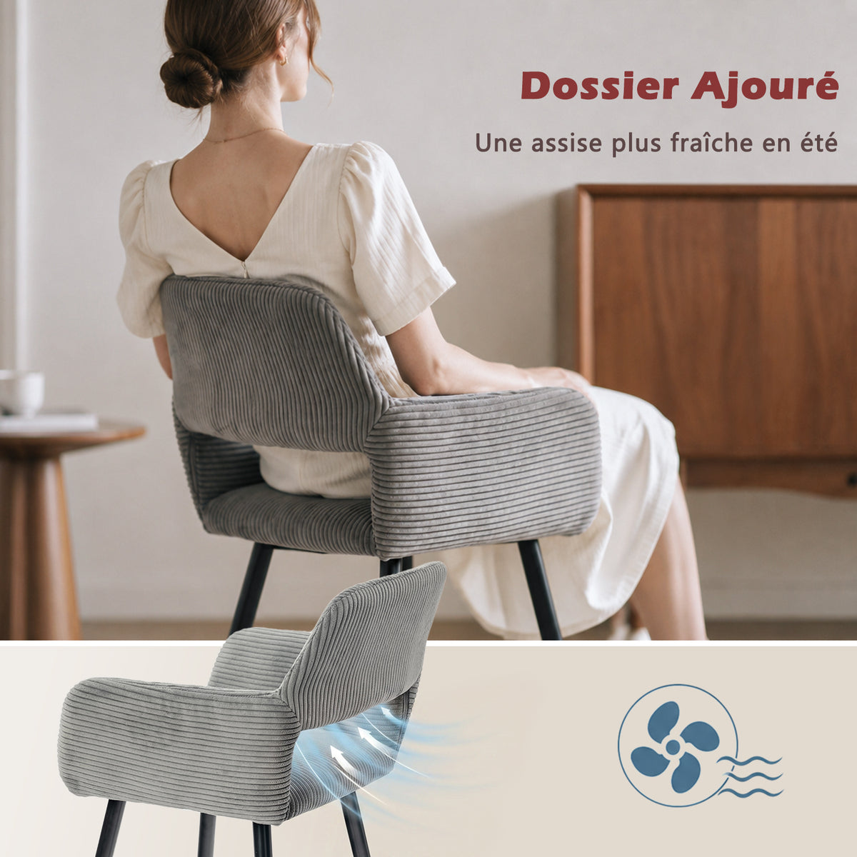Lot de 4 fauteuils de salle à manger scandinaves avec accoudoirs en velours côtelé gris - CROMWELL CORDUROY