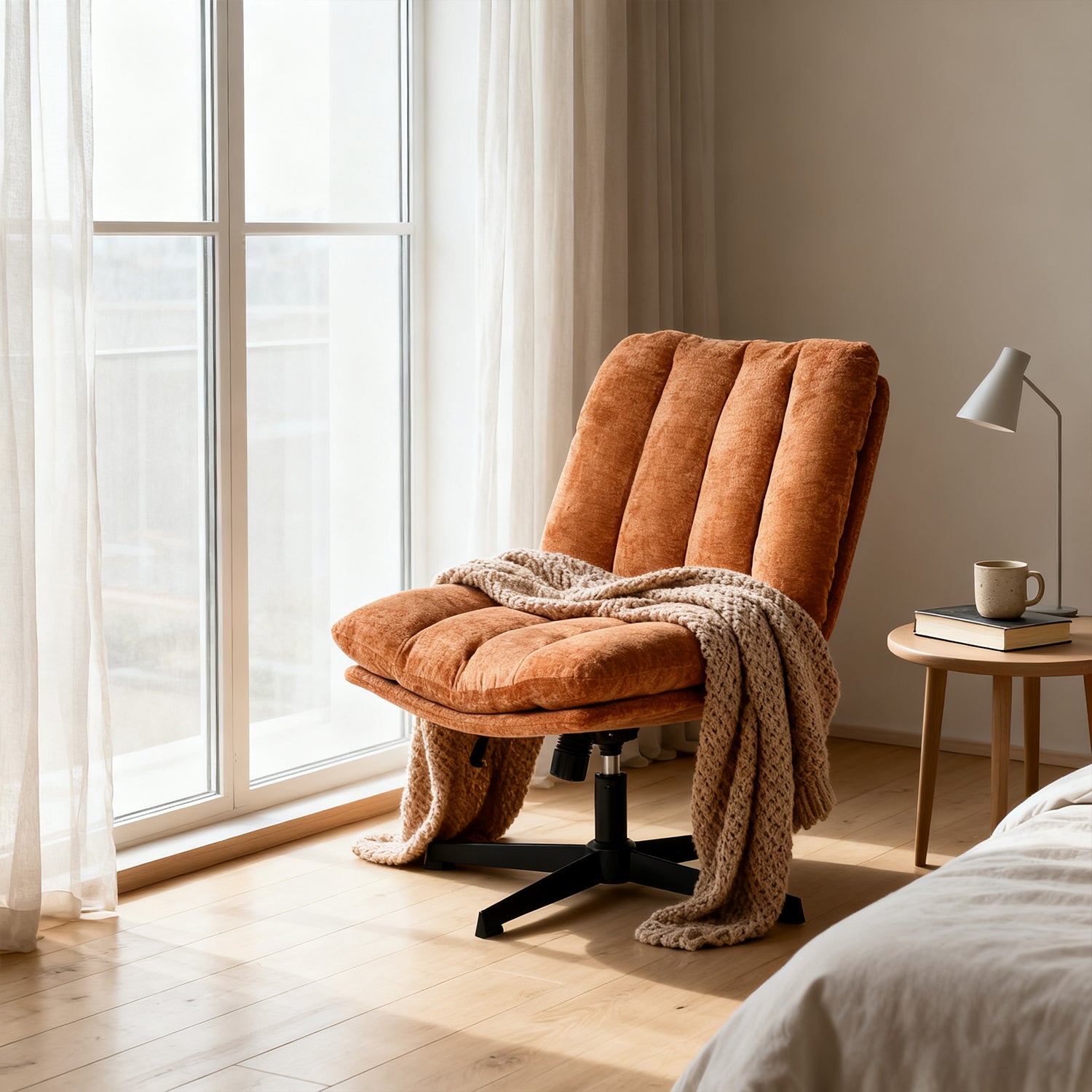 Fauteuil de relaxation réglable et pivotant avec accoudoirs et assise épaisse en chenille rouge - CONFOD
