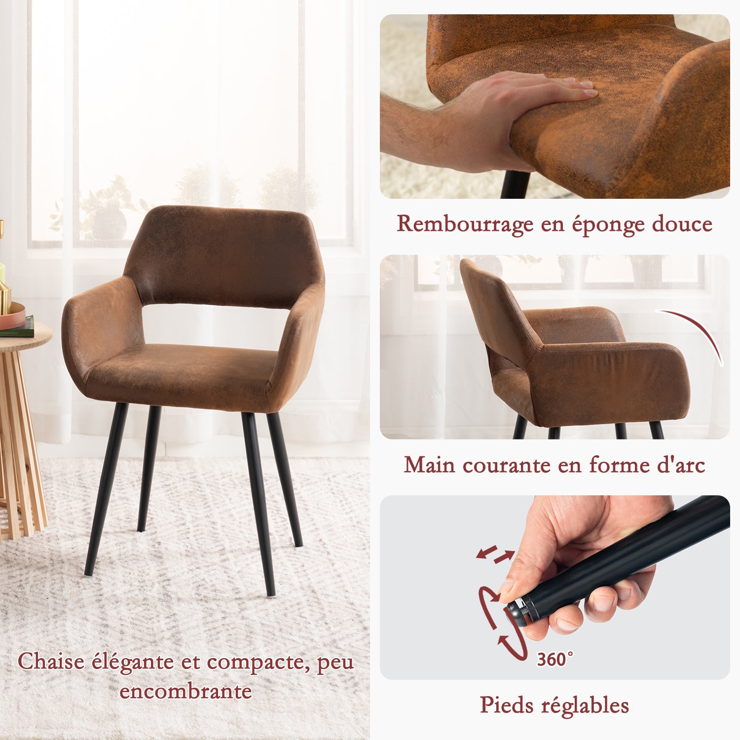Ensemble table à manger extensible noire avec 4 fauteuils en suédine, style scandinave