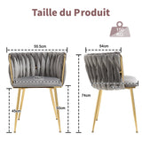 Lot de 2 Chaises en Velours Luxueuses Chaises à Dos Tressé avec Pieds Métal Doré pour Salon Chambre à Coucher Salle à Manger, Gris