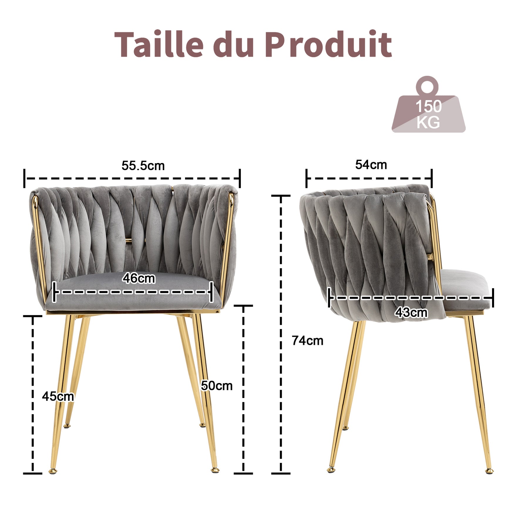 Lot de 2 Chaises en Velours Luxueuses Chaises à Dos Tressé avec Pieds Métal Doré pour Salon Chambre à Coucher Salle à Manger, Gris