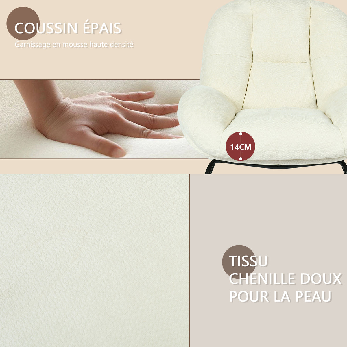 Lot de 2 fauteuil à bascule scandinave en tissu chenille avec accoudoirs pour salon ou chambre à coucher, beige - LITHOPS