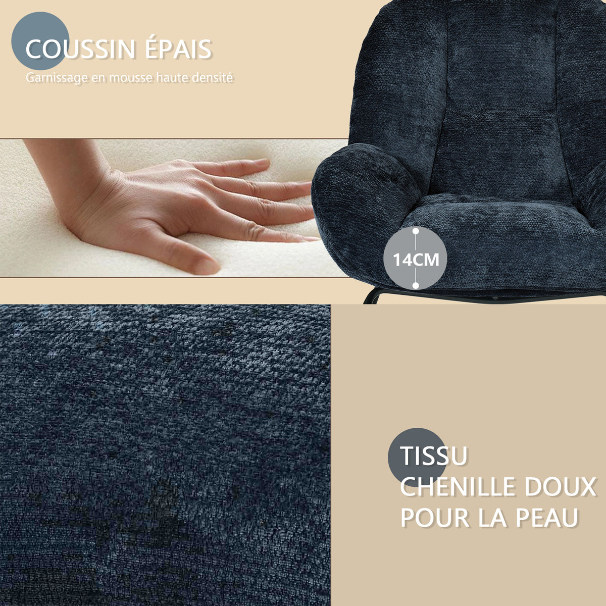 Fauteuil à bascule scandinave en tissu chenille avec accoudoirs pour salon ou chambre à coucher, bleu - LITHOPS