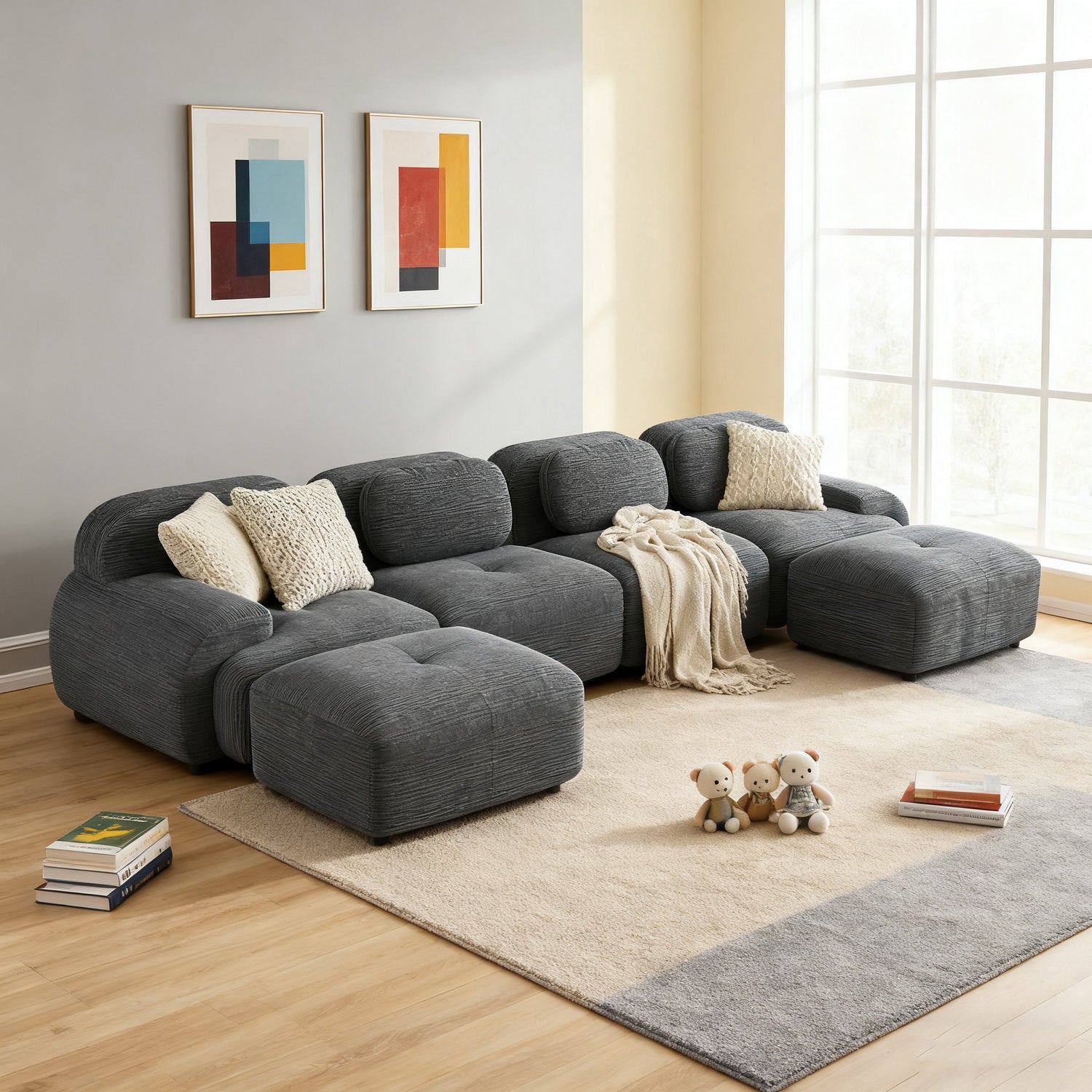 2-Sitzer-Schlafsofa aus dunkelgrauem Stoff mit Seitentaschen, modernes Schlafsofa