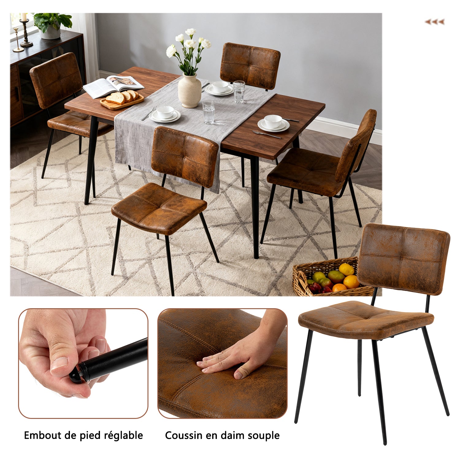 Ensemble table à manger extensible noire et 4 chaises en tissu suédine, style scandinave