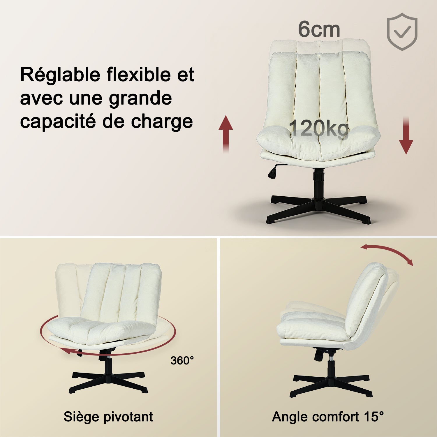 Fauteuil de relaxation réglable et pivotant avec accoudoirs et assise épaisse en chenille beige - CONFOD