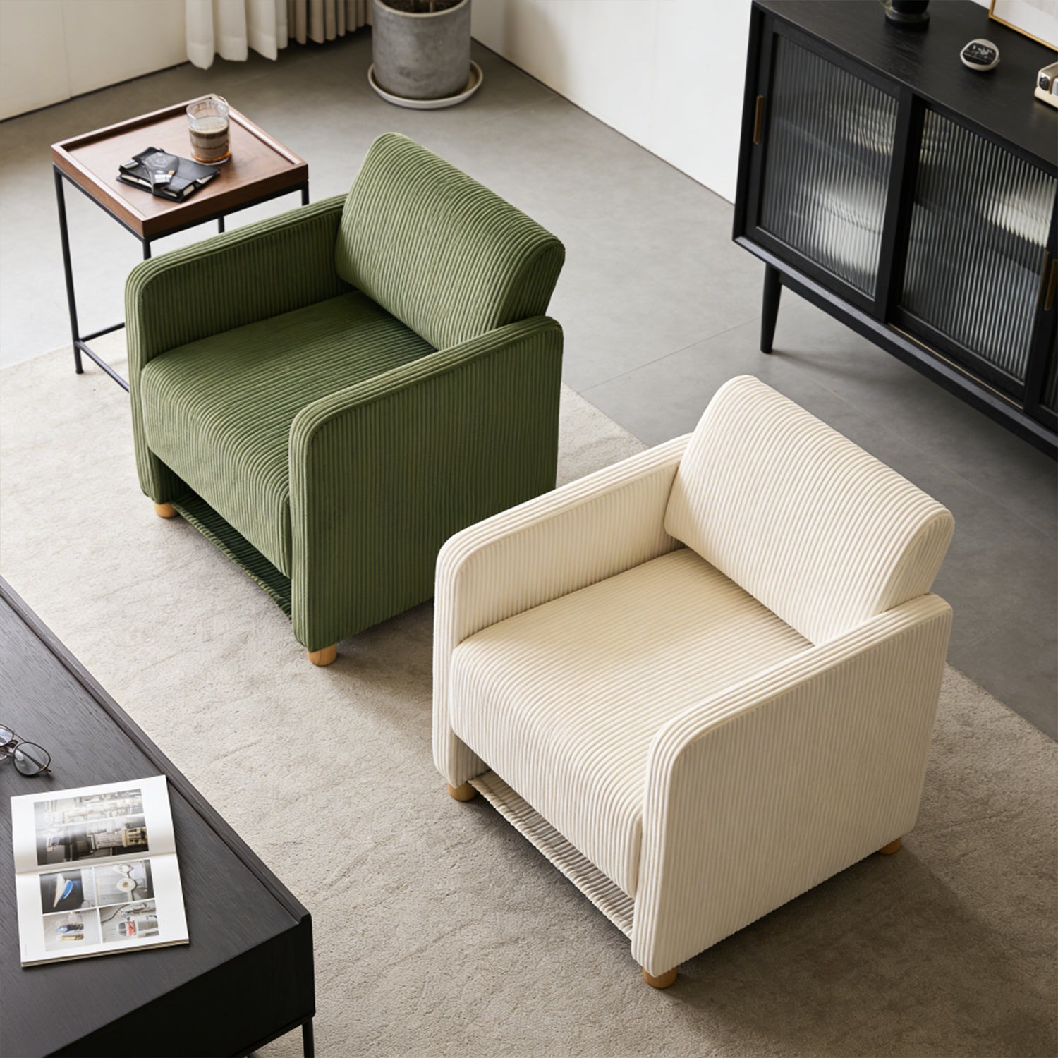Lounge armchair with armrests in beige corduroy - DOMCO
