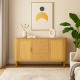 Sideboard Moderne à Rattan et Métal Meuble de Salon avec Schublades Onde 3D et Portes Halbovales Optique de Bois