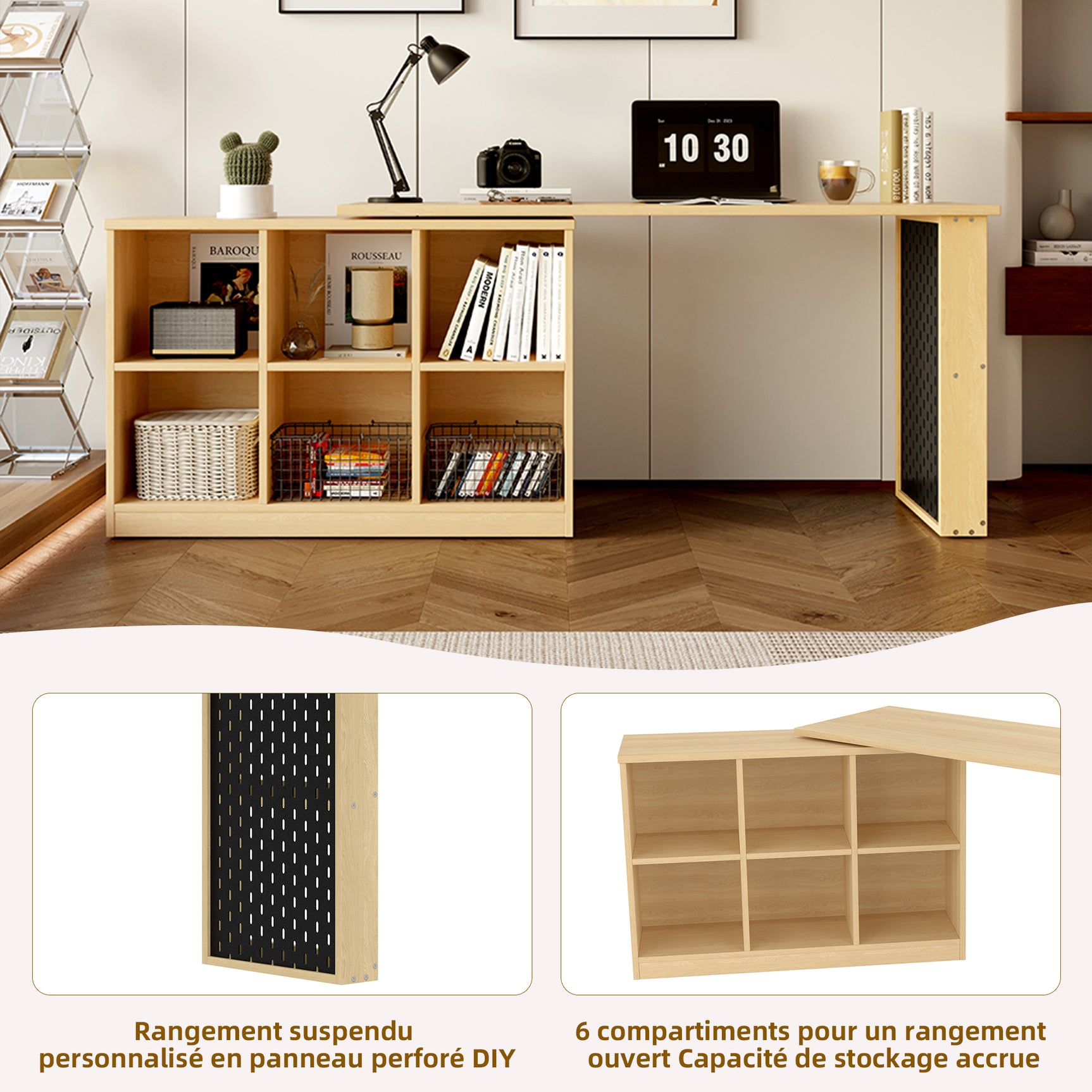 Multifunctional desk 140x104x75 cm in MDF wood with 6 storage compartments, thick tray, shelf and perforated metallic panel